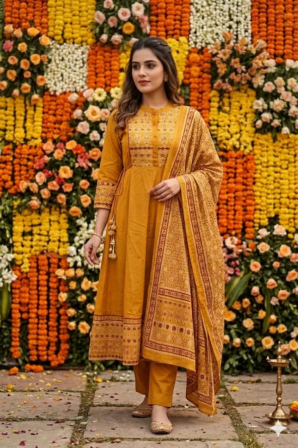 Mustard_Cotton_Anarkali_Set_For_Women_And_Girls