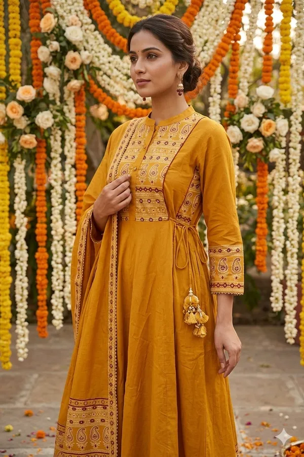 Mustard_Cotton_Anarkali_Set_For_Women_And_Girls