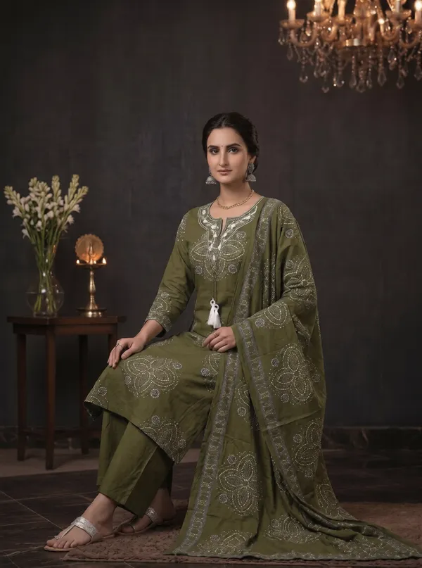 Mehndi_Green_Cotton_Kurti_Set_With_Dupatta_For_Women_And_Girls
