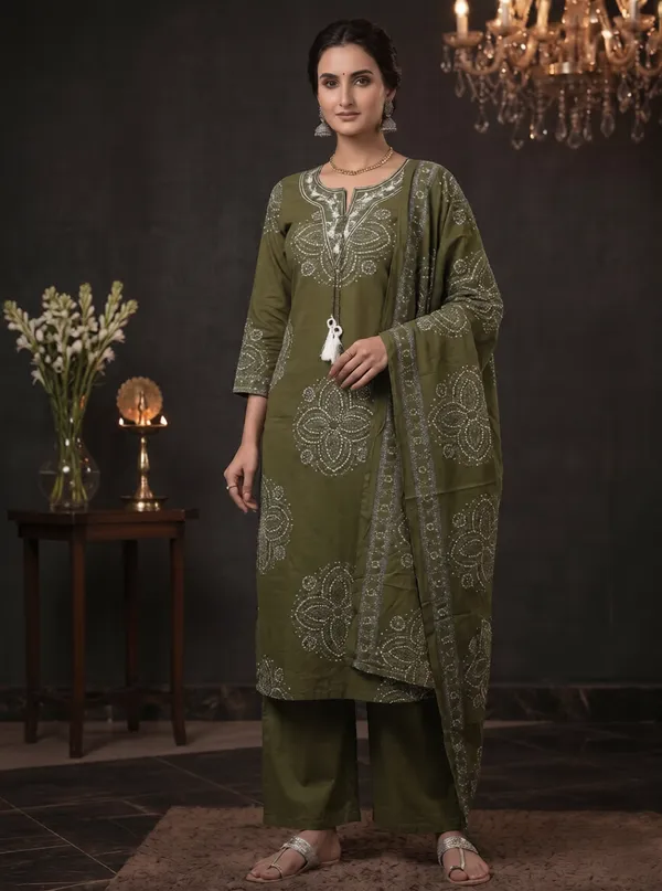 Mehndi_Green_Cotton_Kurti_Set_With_Dupatta_For_Women_And_Girls