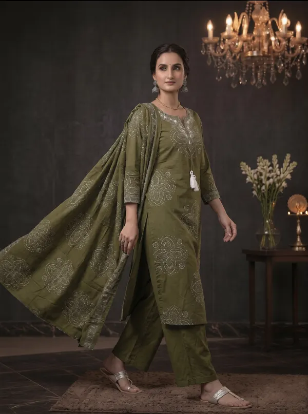Mehndi_Green_Cotton_Kurti_Set_With_Dupatta_For_Women_And_Girls
