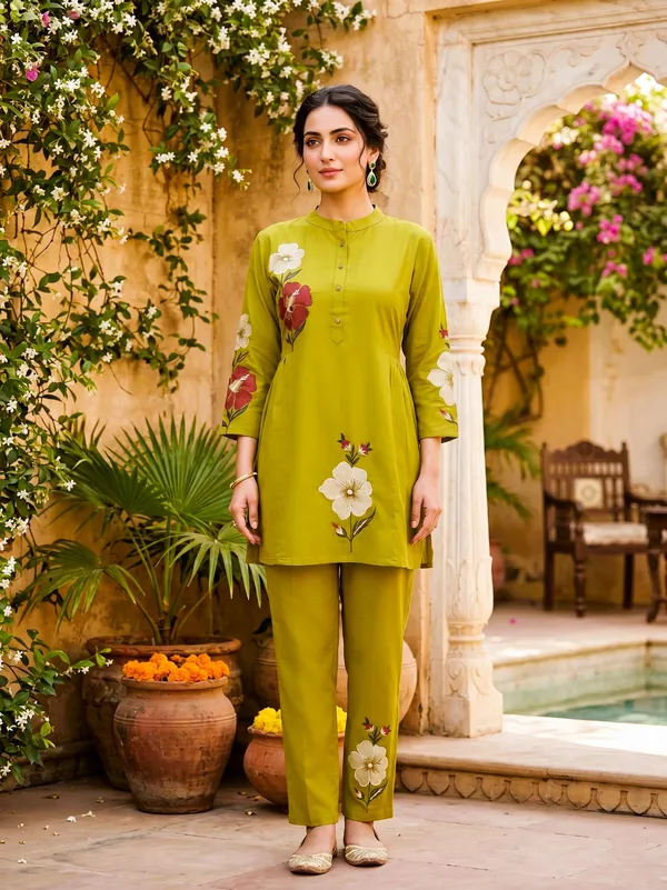 Olive_Green_Floral_Printed_Co-Ord_Set_For_Girls_&_Women