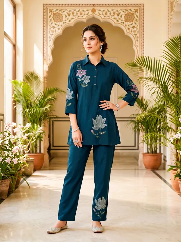 Teal_Blue_Floral_Printed_Co-Ord_Set_For_Girls_&_Women