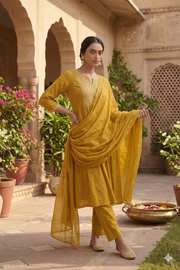 Marigold_Yellow_Cotton_Kurti_Set_With_Dupatta_For_Women_And_Girls