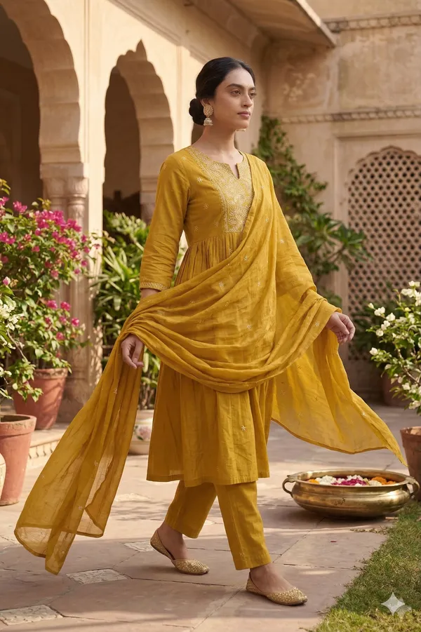 Marigold_Yellow_Cotton_Kurti_Set_With_Dupatta_For_Women_And_Girls