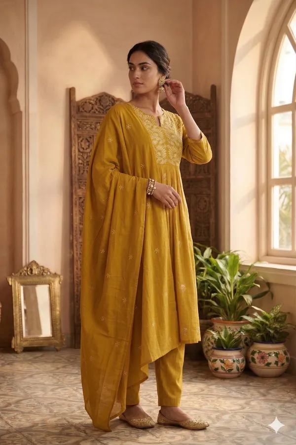 Marigold_Yellow_Cotton_Kurti_Set_With_Dupatta_For_Women_And_Girls