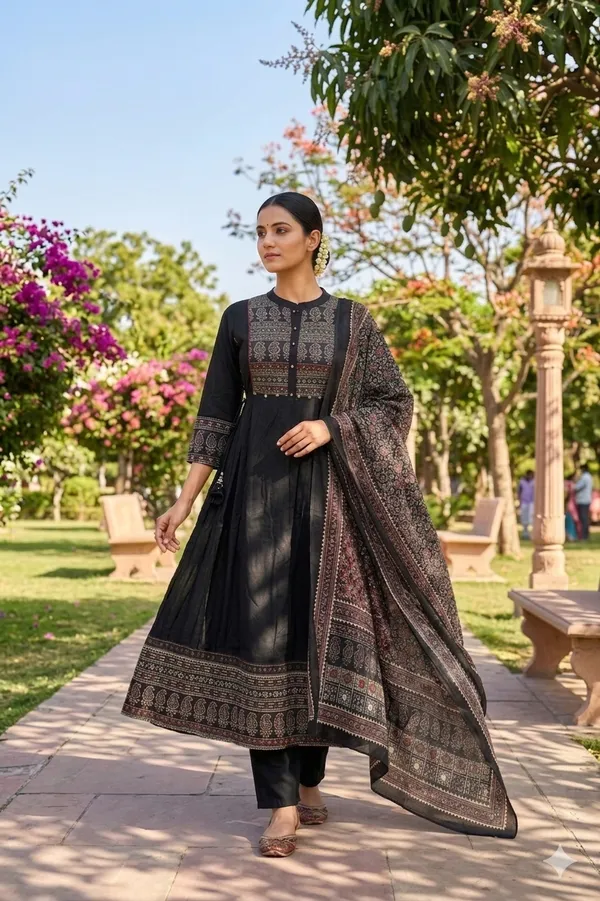 Black_Cotton_Anarkali_Set_For_Women_And_Girls