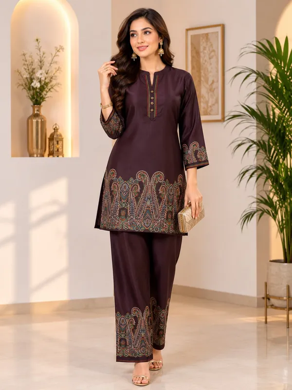 Dark_Burgundy_Paisley_Border_Gazzi_Silk_Co-Ord_Set_For_Women_&_Girls