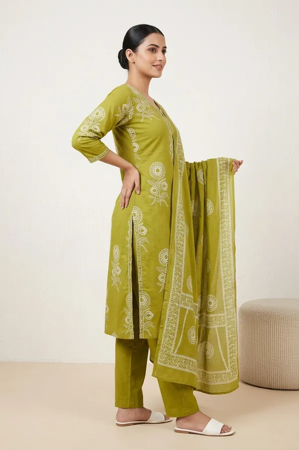 Parrot_Green_Cotton_Kurti_Set_With_Dupatta_For_Women_And_Girls