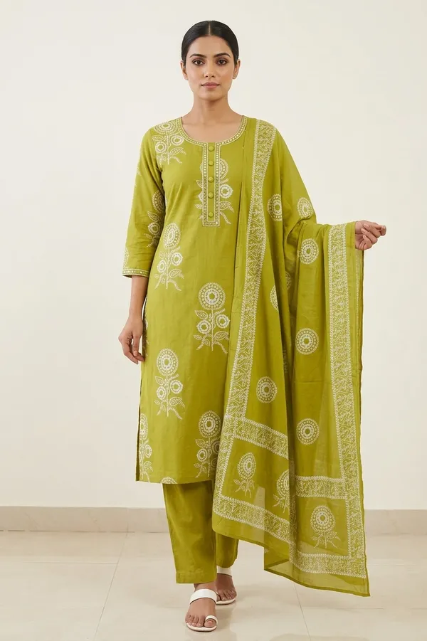 Parrot_Green_Cotton_Kurti_Set_With_Dupatta_For_Women_And_Girls