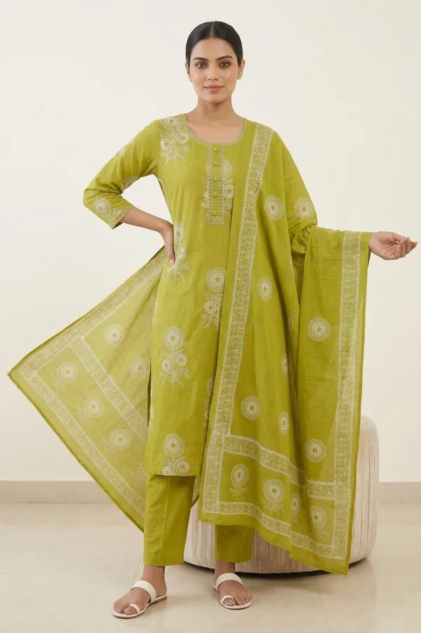 Parrot_Green_Cotton_Kurti_Set_With_Dupatta_For_Women_And_Girls