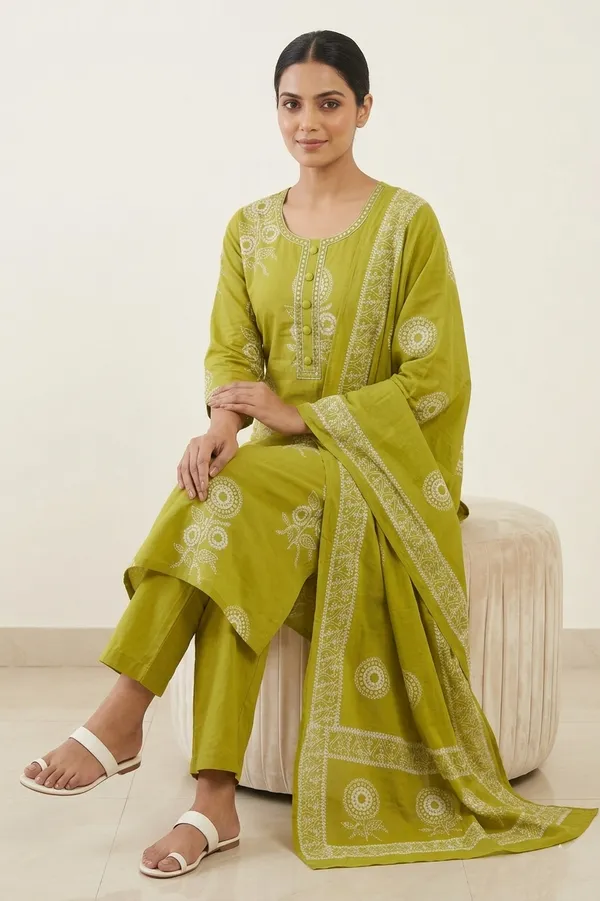 Parrot_Green_Cotton_Kurti_Set_With_Dupatta_For_Women_And_Girls