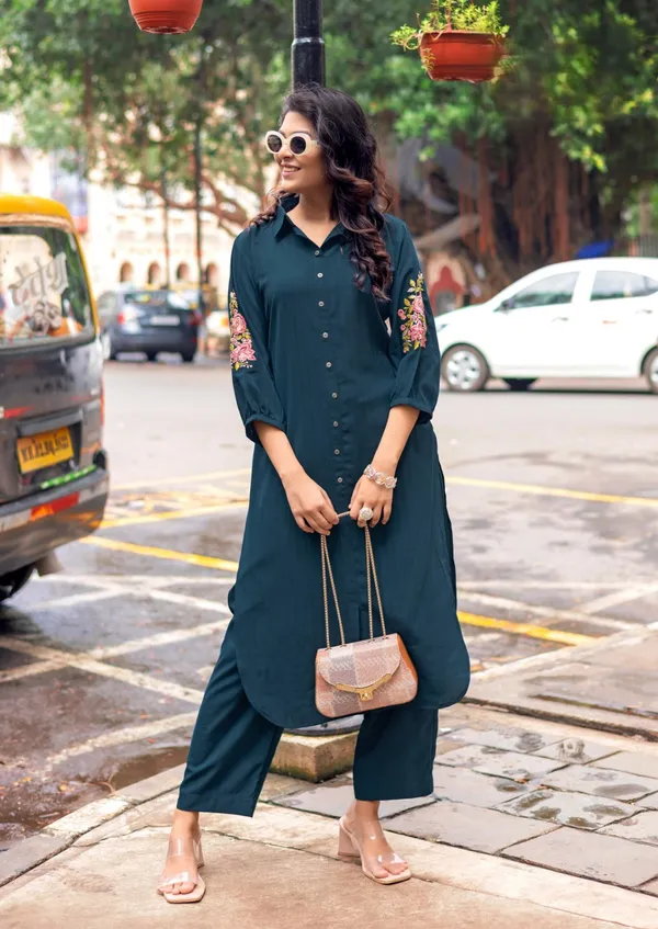 Bottle_Green_Embroidered_Sleeve_Co-Ord_Set_For_Girls_&_Wommen
