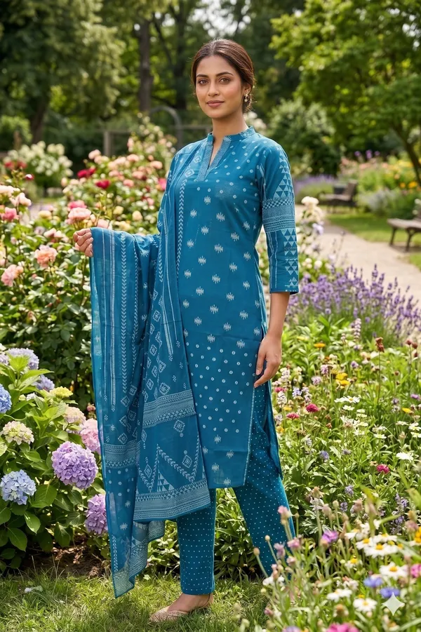 Teal_Blue_Khadi_Cotton_Kurti_Set_With_Dupatta_For_Women_And_Girls