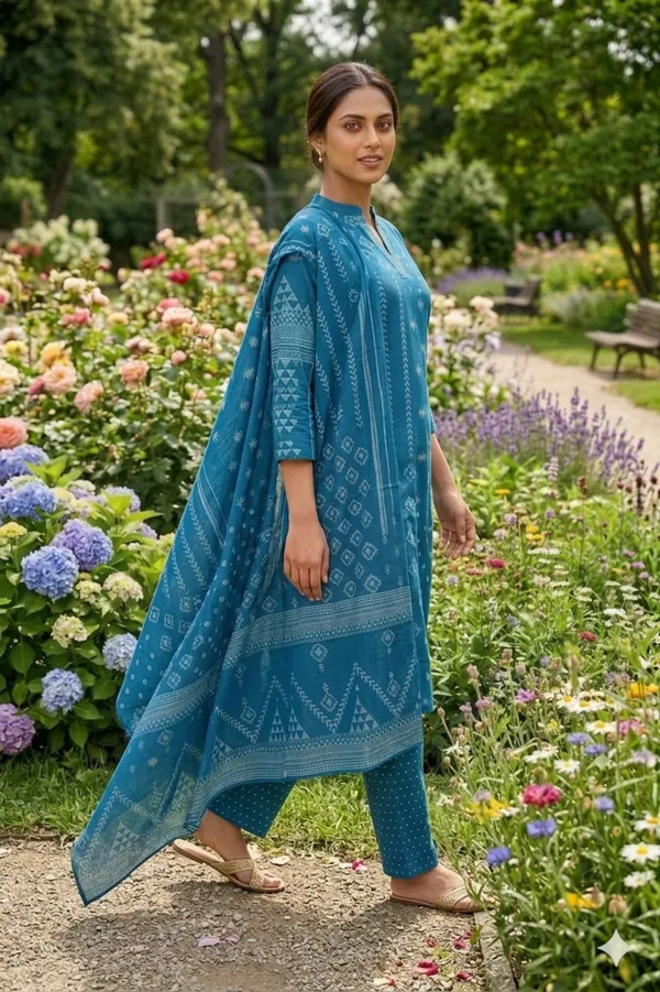 Teal_Blue_Khadi_Cotton_Kurti_Set_With_Dupatta_For_Women_And_Girls