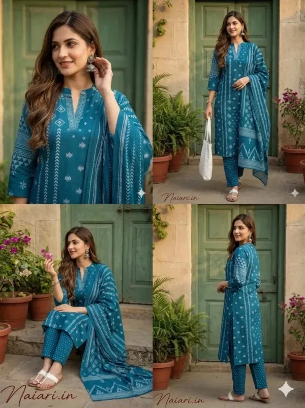 Teal_Blue_Khadi_Cotton_Kurti_Set_With_Dupatta_For_Women_And_Girls