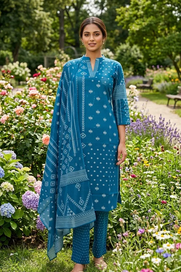 Teal_Blue_Khadi_Cotton_Kurti_Set_With_Dupatta_For_Women_And_Girls