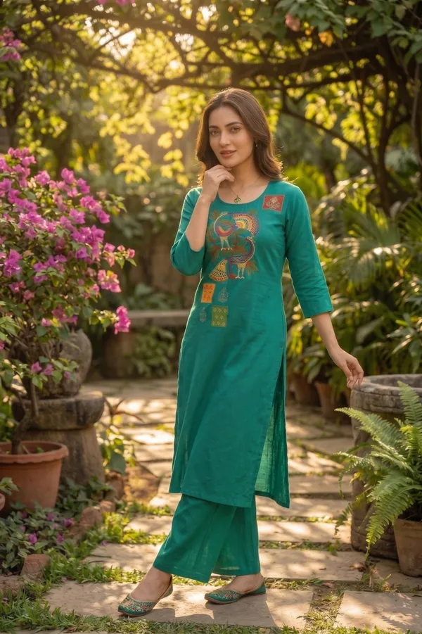 Emerald_Green_Embroidered_Peacock_Co-Ord_Set_for_Women_&_Girls.