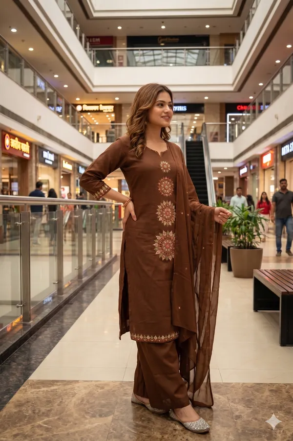 Coffee_Brown_Embroided_Cotton_Kurti_Set_with_Dupatta_for_Women_&_Girls.