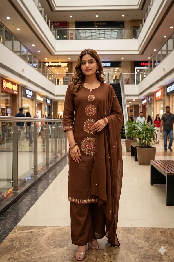 Coffee_Brown_Embroided_Cotton_Kurti_Set_with_Dupatta_for_Women_&_Girls.