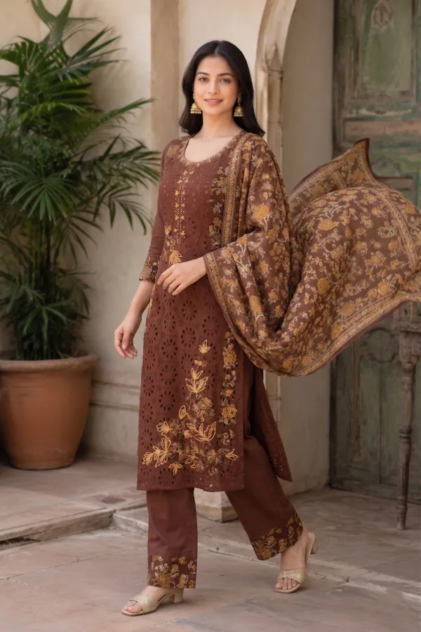 Chocolate_Brown_Floral_Schiffli_Kurti_Set_with_Dupatta_for_Women_&_Girls.
