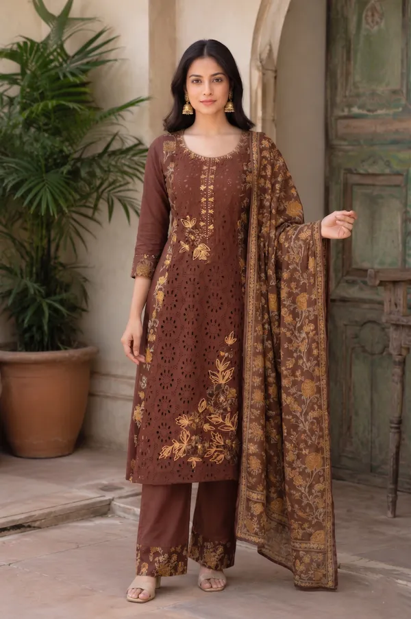 Chocolate_Brown_Floral_Schiffli_Kurti_Set_with_Dupatta_for_Women_&_Girls.