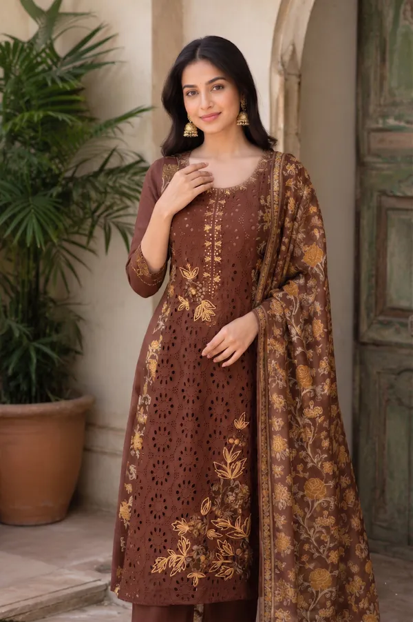 Chocolate_Brown_Floral_Schiffli_Kurti_Set_with_Dupatta_for_Women_&_Girls.