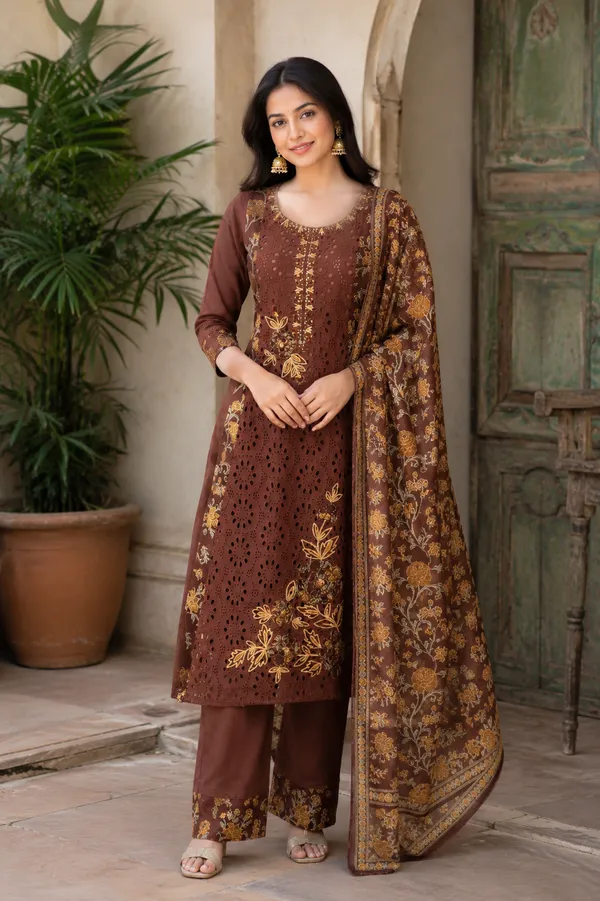 Chocolate_Brown_Floral_Schiffli_Kurti_Set_with_Dupatta_for_Women_&_Girls.
