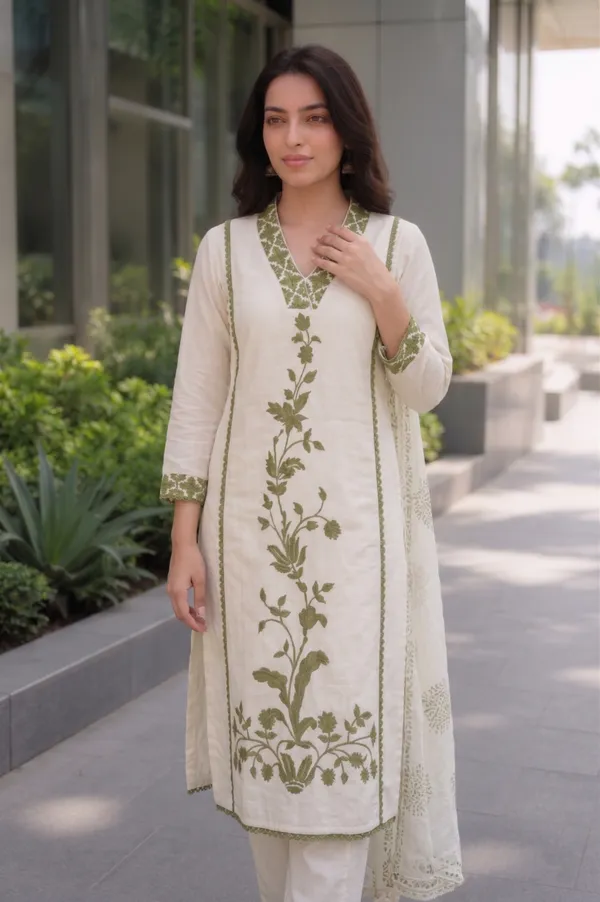 Off-White_&_Olive_Green_Embroidered_Kurta_Set_with_Dupatta_for_Women_&_Girls