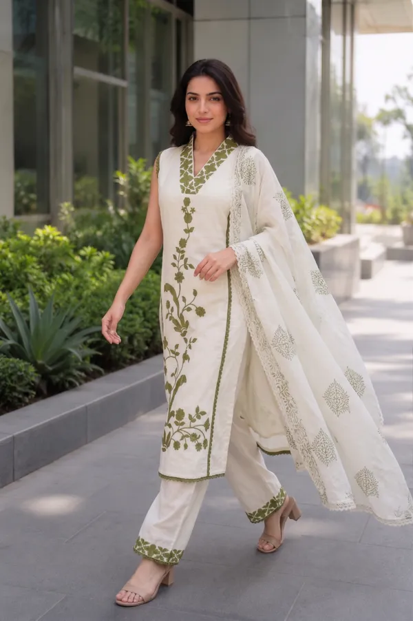Off-White_&_Olive_Green_Embroidered_Kurta_Set_with_Dupatta_for_Women_&_Girls