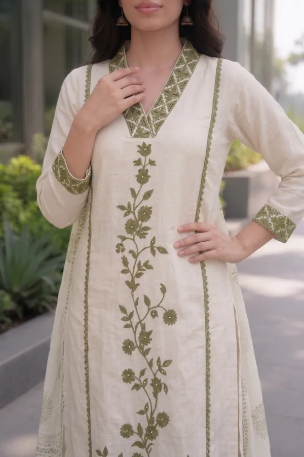 Off-White_&_Olive_Green_Embroidered_Kurta_Set_with_Dupatta_for_Women_&_Girls