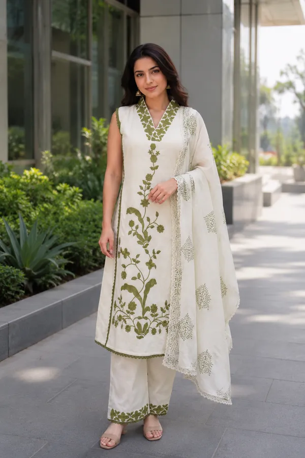 Off-White_&_Olive_Green_Embroidered_Kurta_Set_with_Dupatta_for_Women_&_Girls