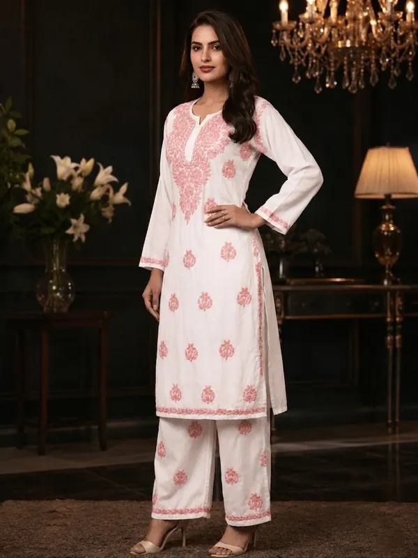 Elegant_White_&_Pink_Chikankari_Embroidered_Kurta_Palazzo_Set_For_Women_&_Girls