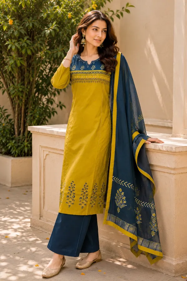 Olive_Green_Cotton_Kurta_Set_with_Navy_Block-Print_Dupatta_for_Women_&_Girls.