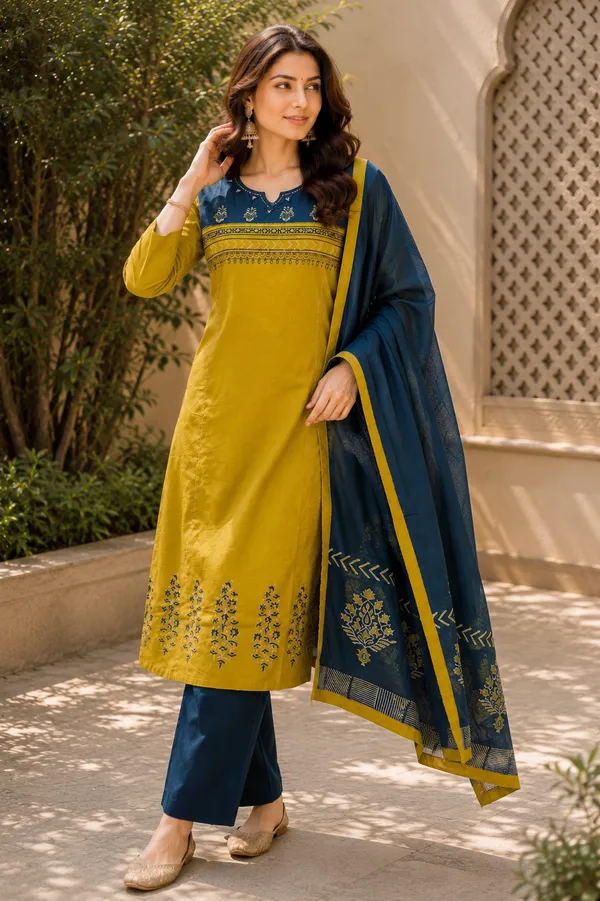 Olive_Green_Cotton_Kurta_Set_with_Navy_Block-Print_Dupatta_for_Women_&_Girls.