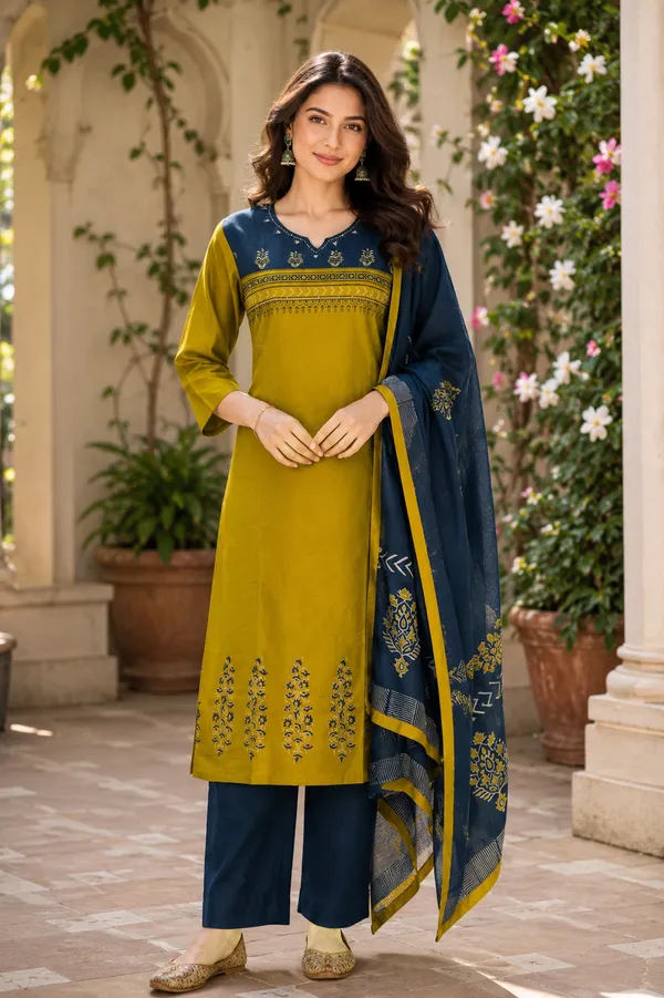 Olive_Green_Cotton_Kurta_Set_with_Navy_Block-Print_Dupatta_for_Women_&_Girls.