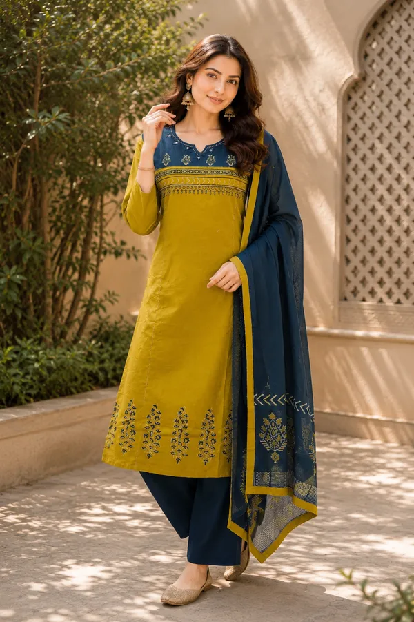 Olive_Green_Cotton_Kurta_Set_with_Navy_Block-Print_Dupatta_for_Women_&_Girls.