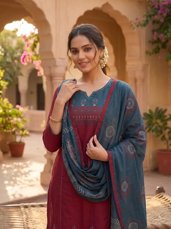 Maroon_and_Teal_Blue_Floral_Block_Print_Kurti_Palazzo_Set_with_Dupatta_for_Women_&_Girls