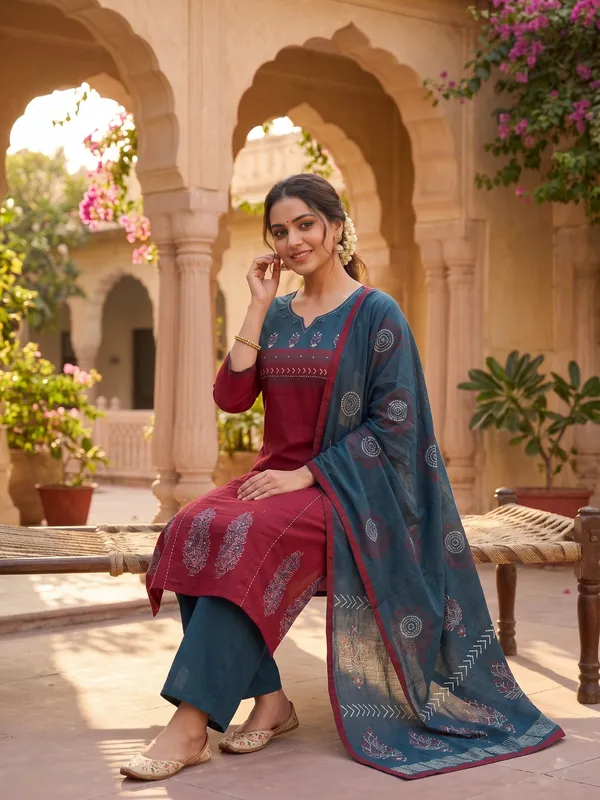 Maroon_and_Teal_Blue_Floral_Block_Print_Kurti_Palazzo_Set_with_Dupatta_for_Women_&_Girls