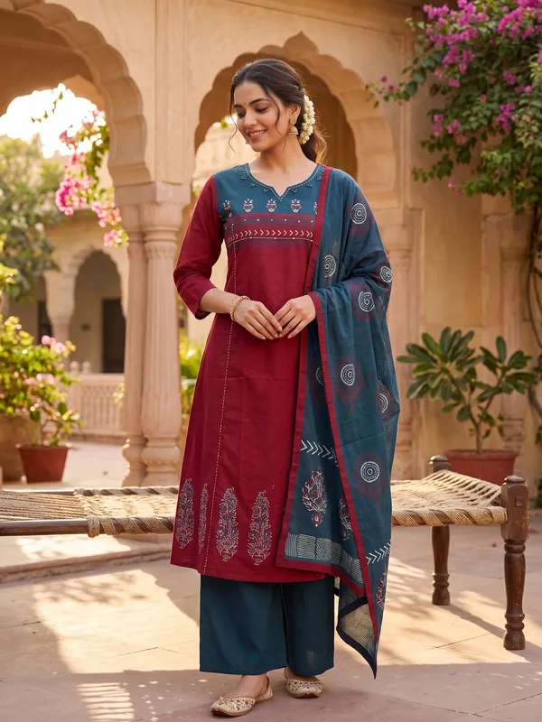 Maroon_and_Teal_Blue_Floral_Block_Print_Kurti_Palazzo_Set_with_Dupatta_for_Women_&_Girls