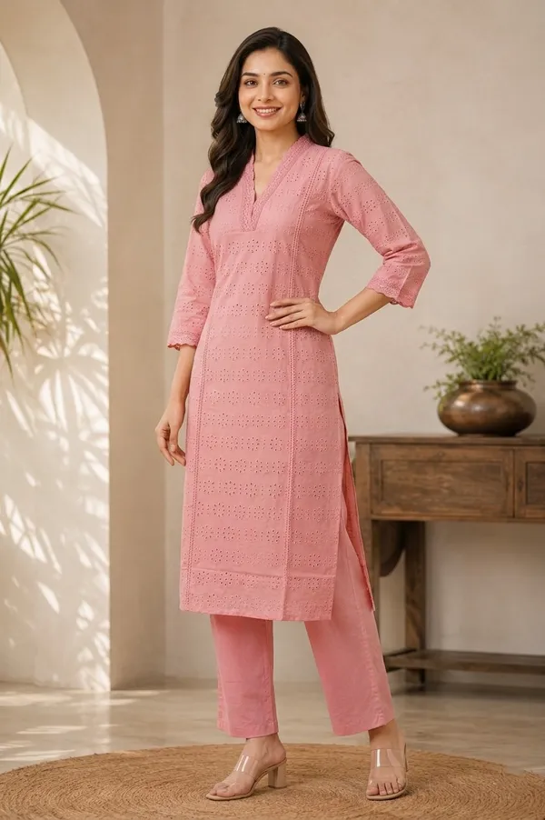 Peach_Cotton_Schiffli_Co-Ord_Set_For_Women_And_Girls