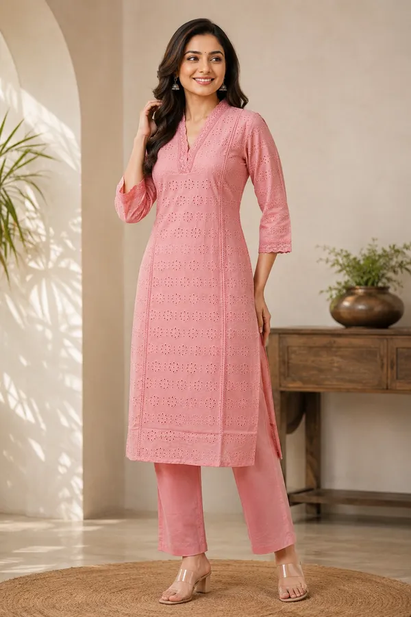 Peach_Cotton_Schiffli_Co-Ord_Set_For_Women_And_Girls