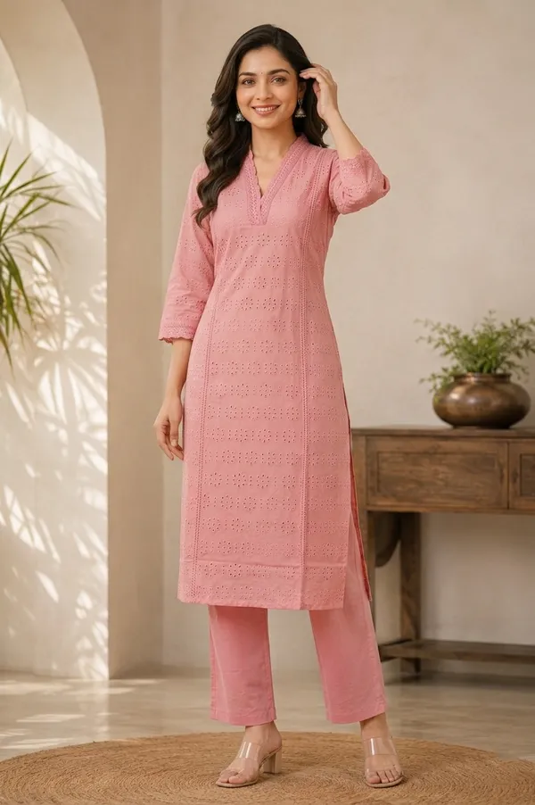 Peach_Cotton_Schiffli_Co-Ord_Set_For_Women_And_Girls
