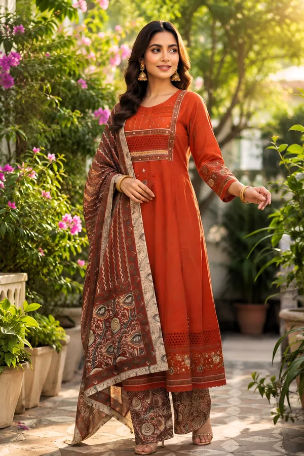 Rust_Cotton_Anarkali_Set_For_Women_And_Girls