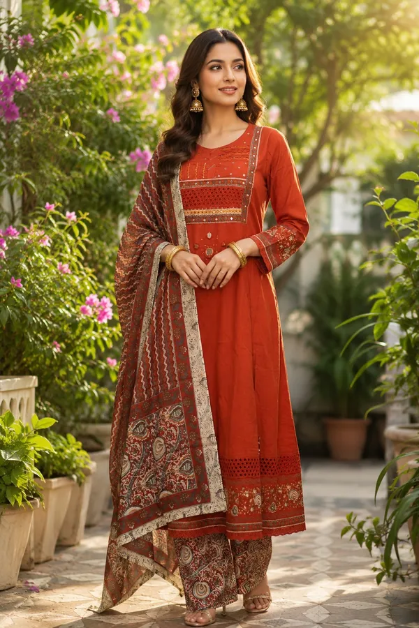 Rust_Cotton_Anarkali_Set_For_Women_And_Girls