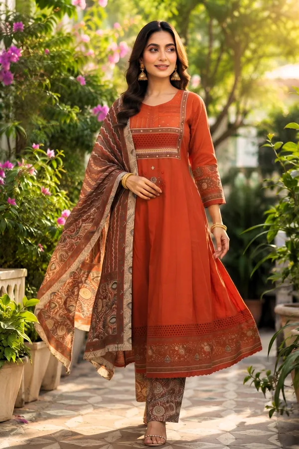 Rust_Cotton_Anarkali_Set_For_Women_And_Girls