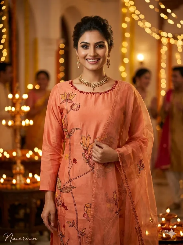 Peach_Mal_Chanderi_Cotton_Kurti_Set_With_Dupatta_For_Women_And_Girls