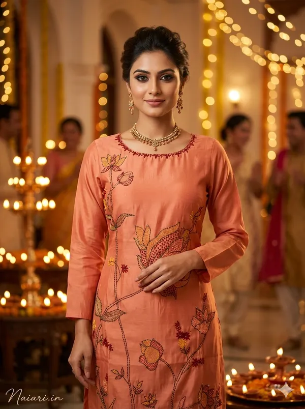 Peach_Mal_Chanderi_Cotton_Kurti_Set_With_Dupatta_For_Women_And_Girls