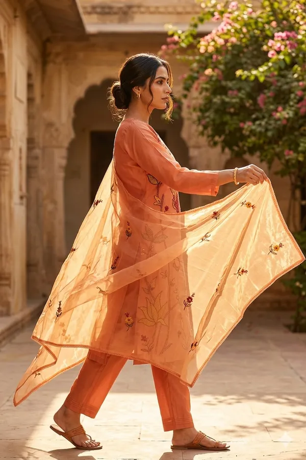 Peach_Mal_Chanderi_Cotton_Kurti_Set_With_Dupatta_For_Women_And_Girls