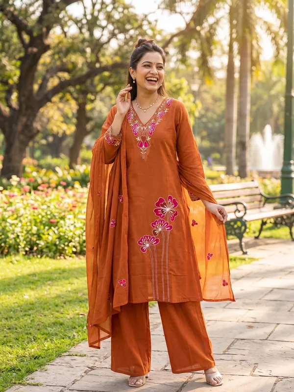 Rust_Brown_Floral_Embroidered_Kurta_Set_with_Dupatta_for_Women_&_Girls.
